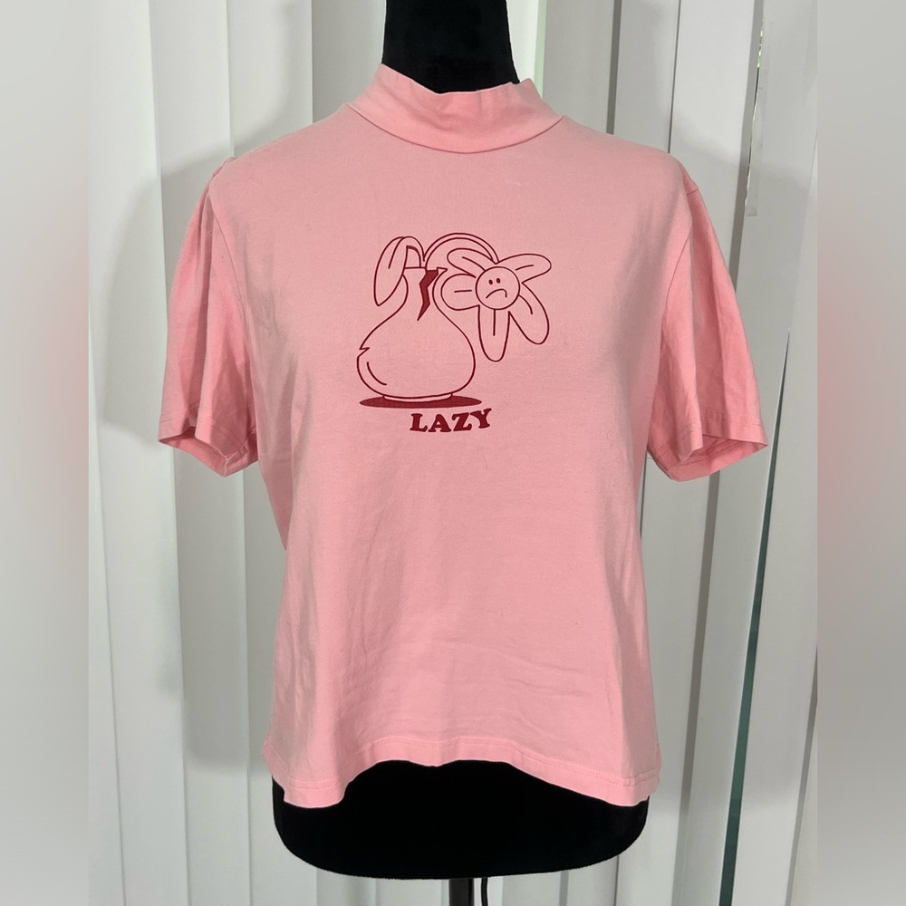 LAZY OAF Wilted Flower Mock Neck Fitted Babydoll T-Shirt Tee Top Pink Size US 14 - Picture 4 of 8